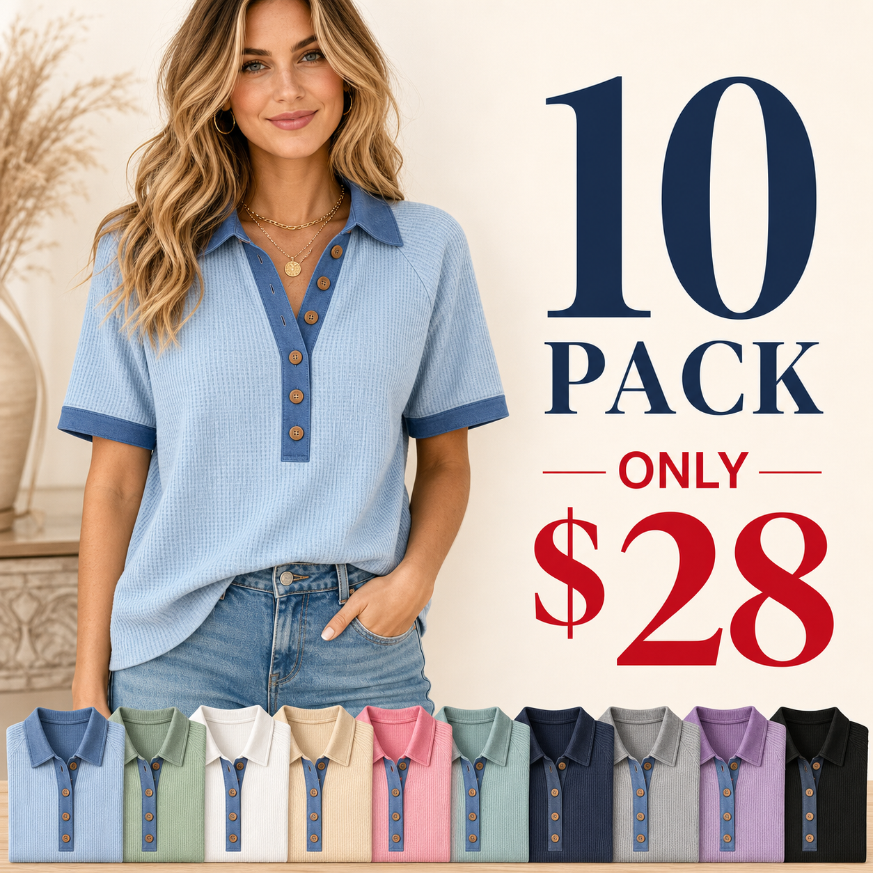10 pack only 28 dollars women's waffle button polo top