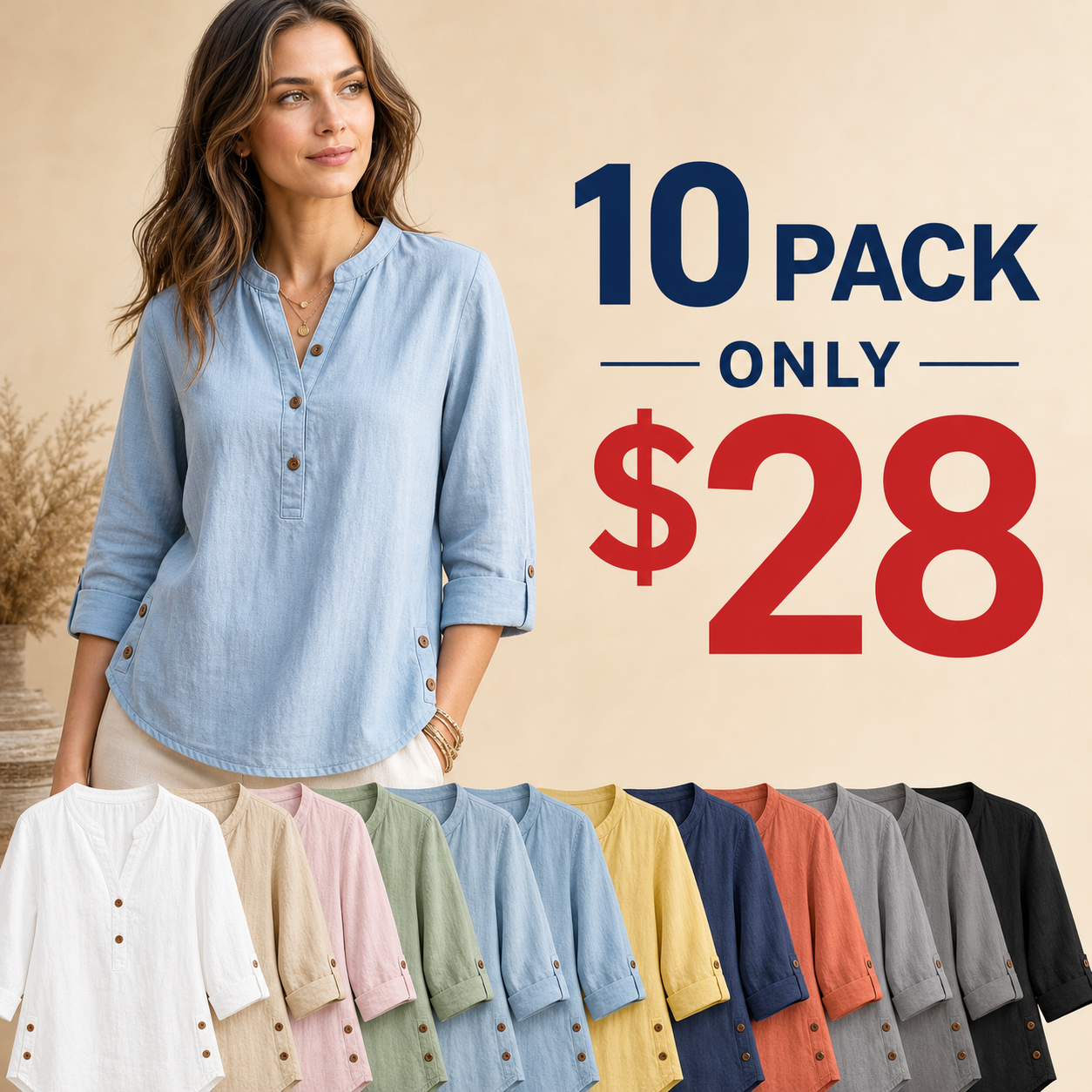 10 pack only 28 dollars women's washed cotton linen band collar blouse