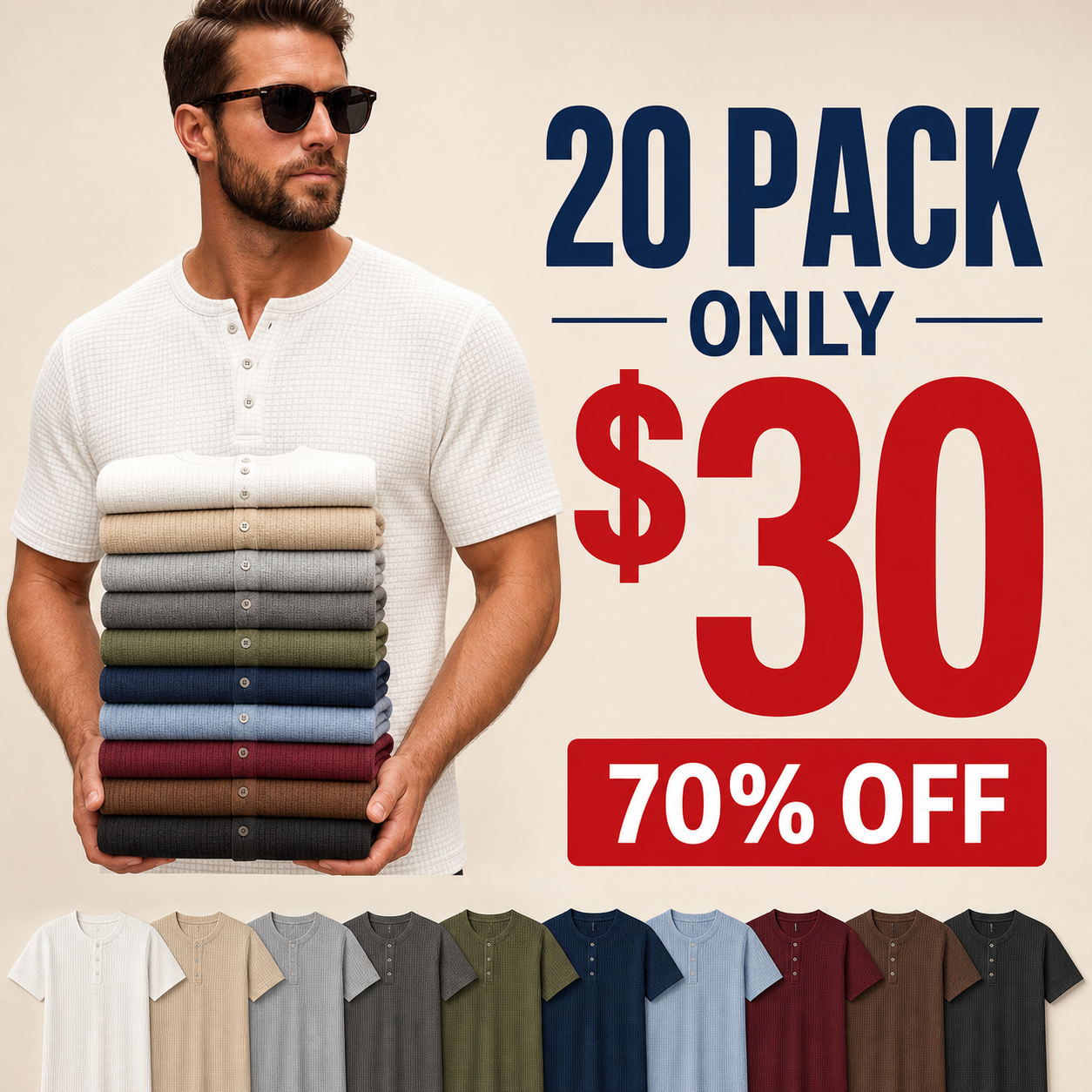 20 pack only 30 dollars men's waffle knit short sleeve henley tee