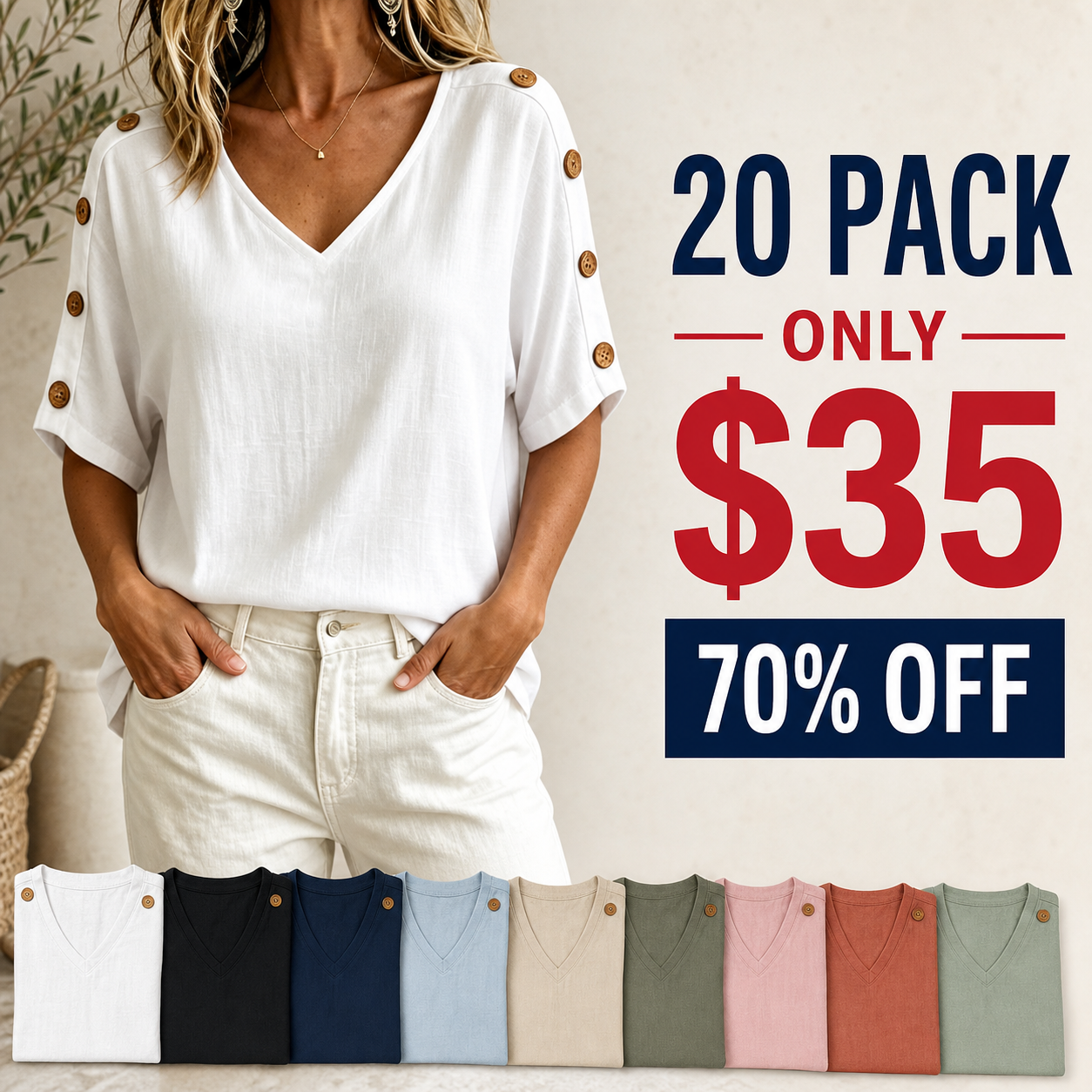 20 pack only 35 dollars women's v neck button sleeve blouse