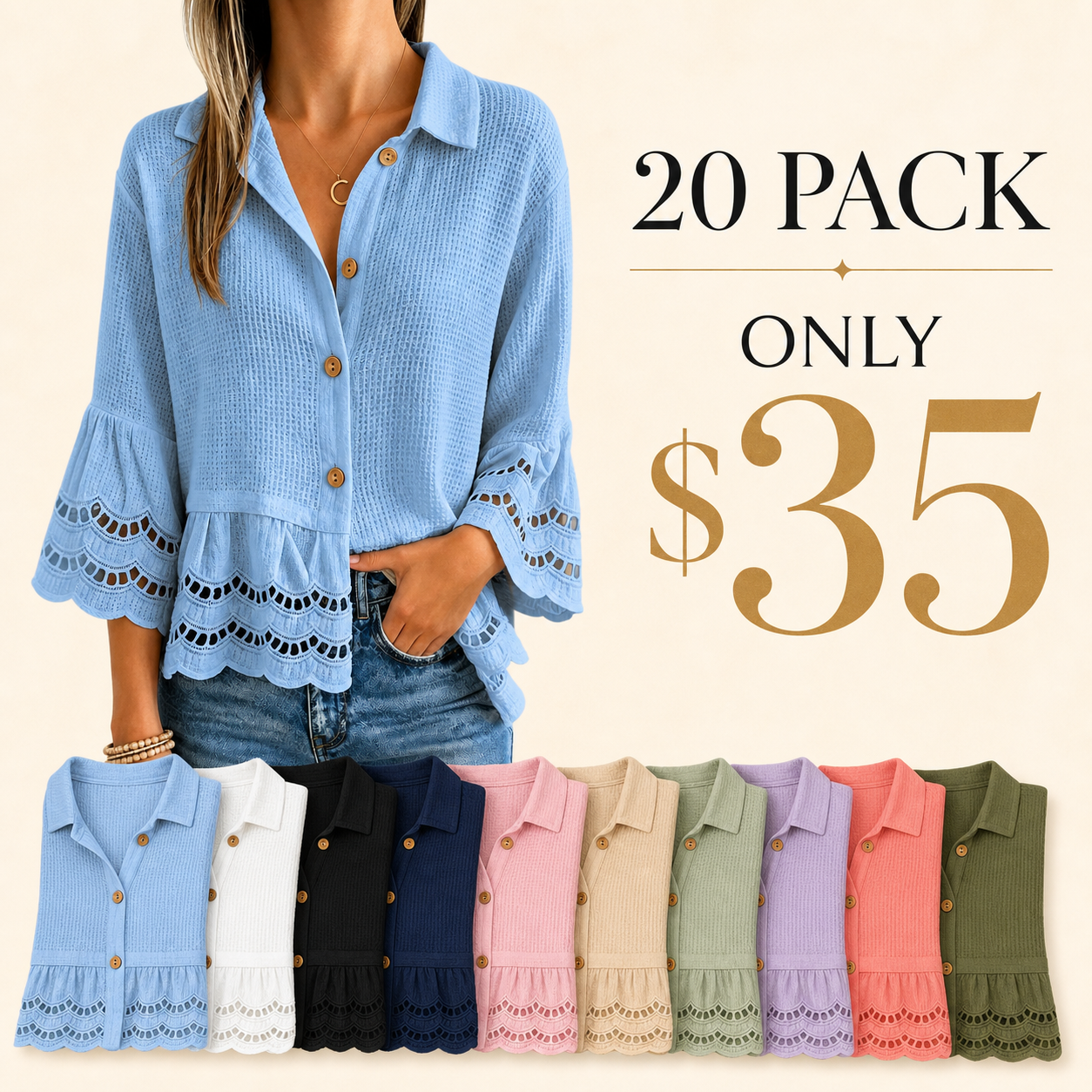 20 pack only 35 dollars women's lace trim button blouse