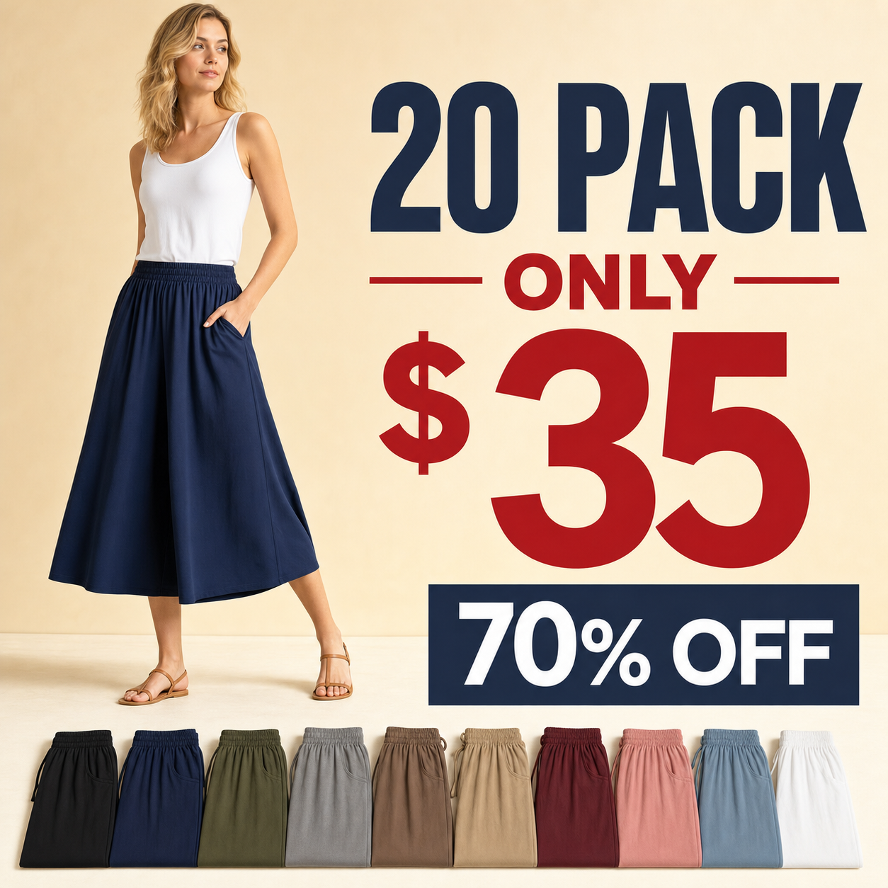 20 pack only 35 dollars women's high waist wide leg culotte midi skirt