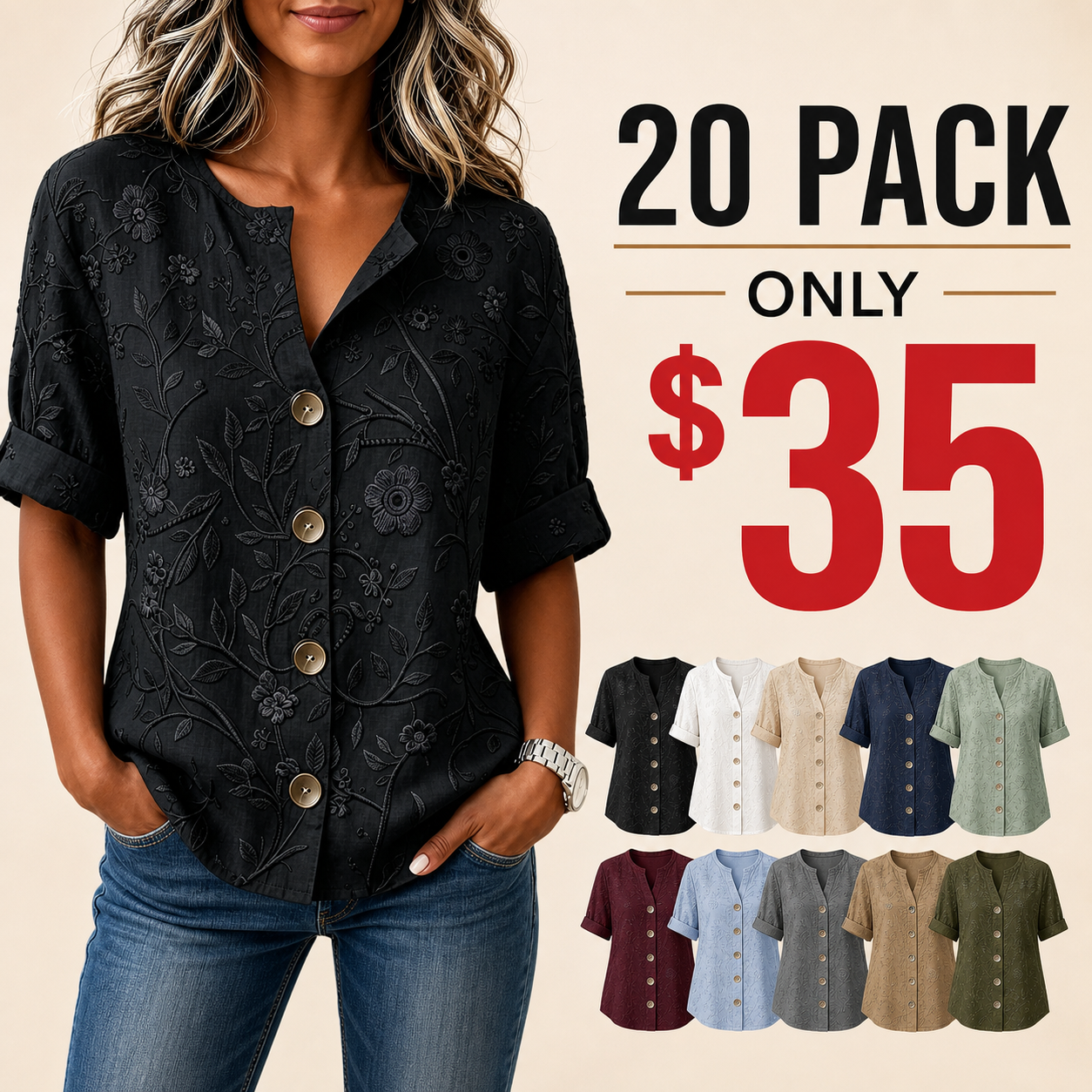 20 pack only 35 dollars women's embossed floral button shirt