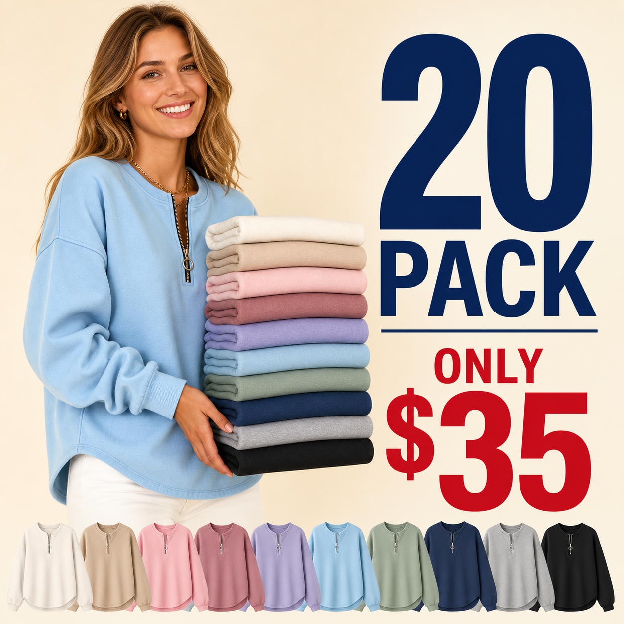 20 pack only 35 dollars women's oversized half zip pullover