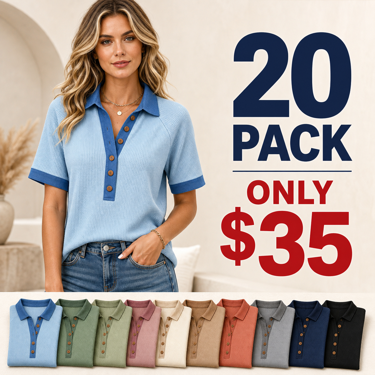 20 pack only 35 dollars women's waffle button polo top