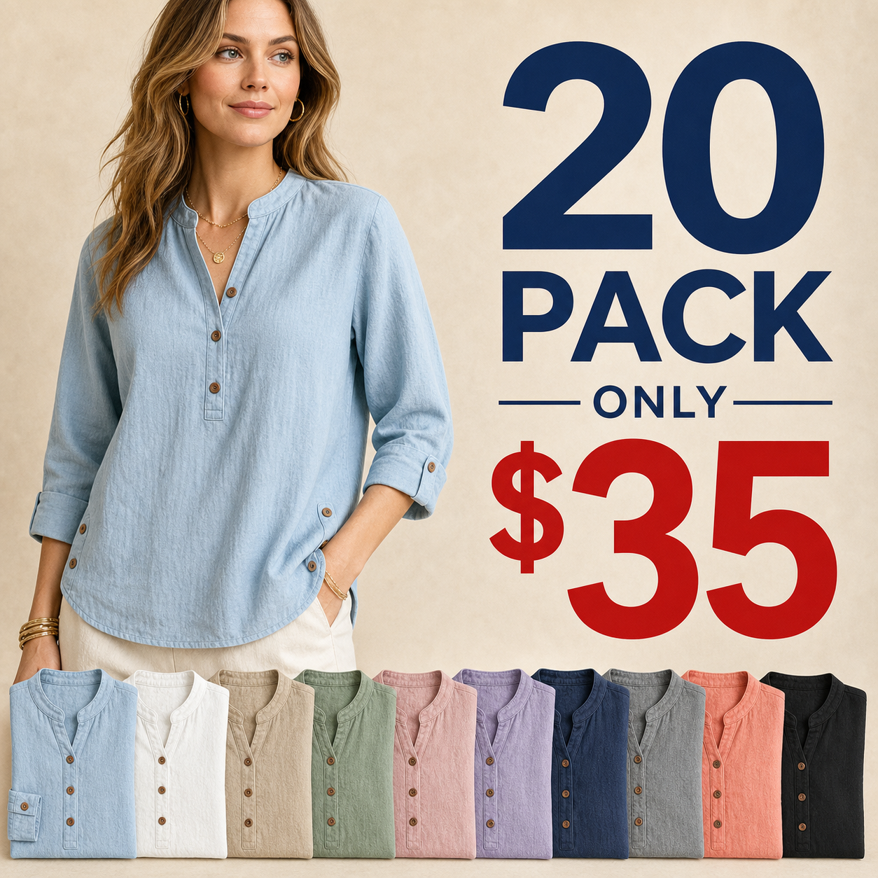 20 pack only 35 dollars women's washed cotton linen band collar blouse