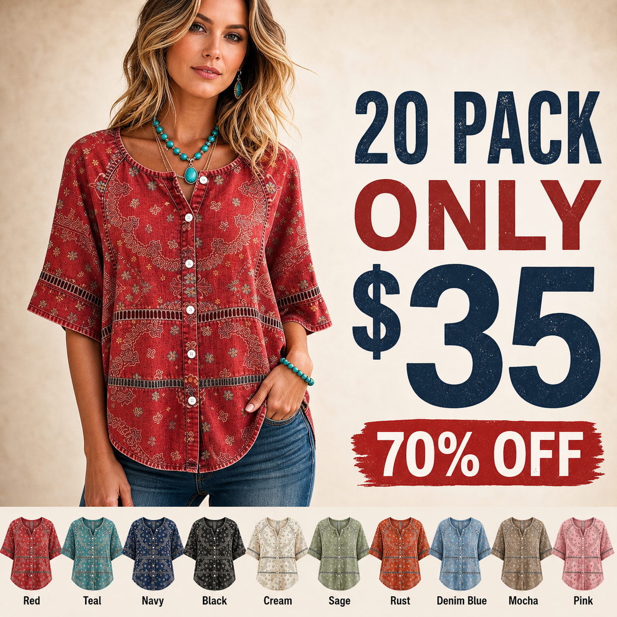 20 pack only 35 dollars women's western boho paisley button top
