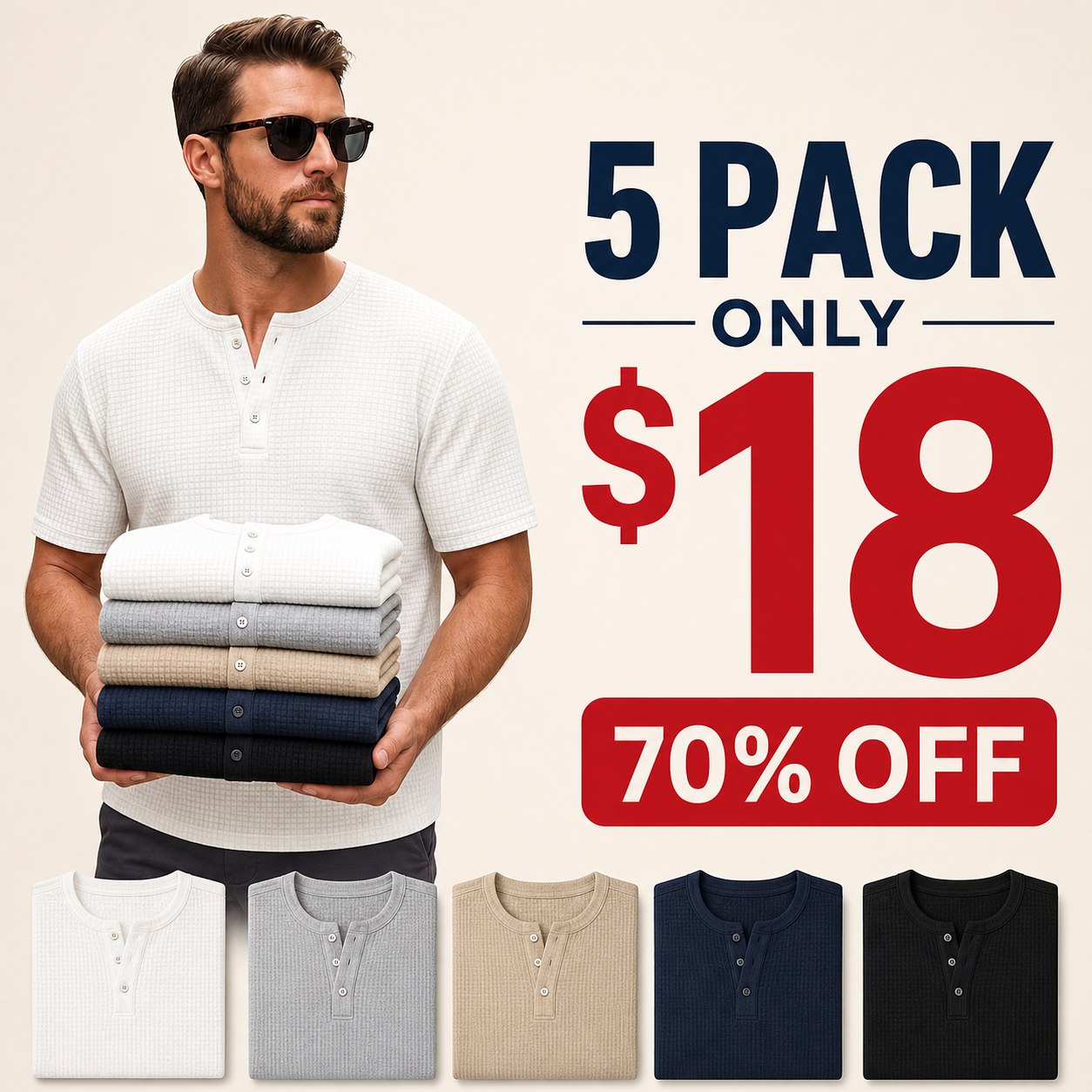 5 pack only 18 dollars men's waffle knit short sleeve henley tee
