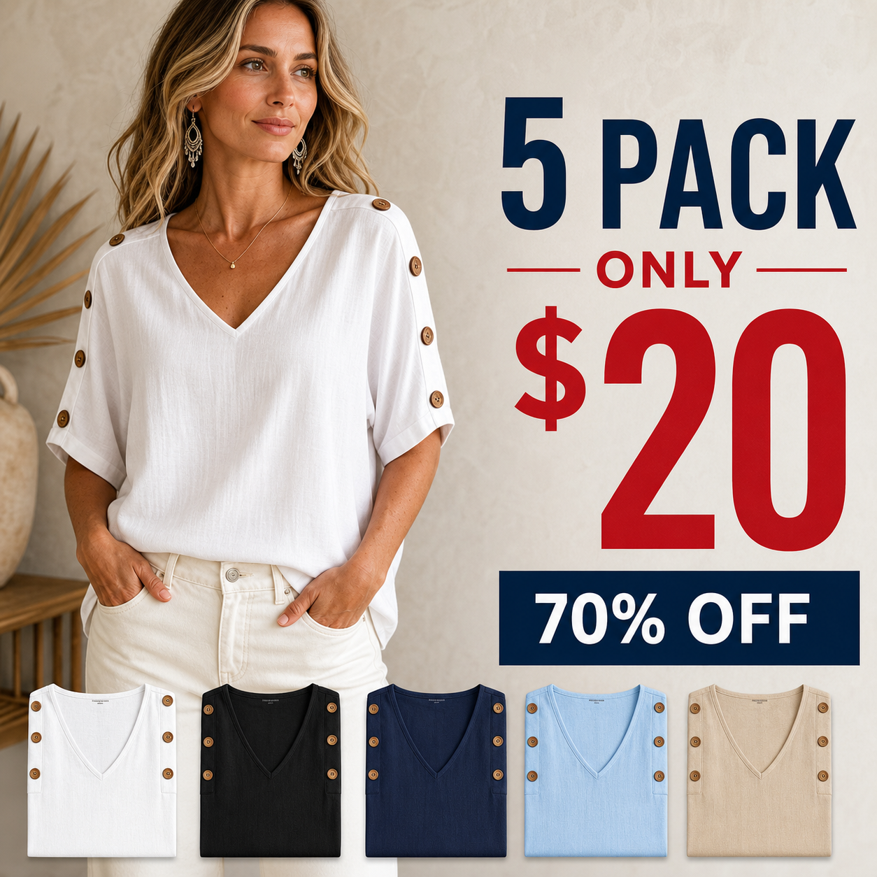 5 pack only 20 dollars women's v neck button sleeve blouse