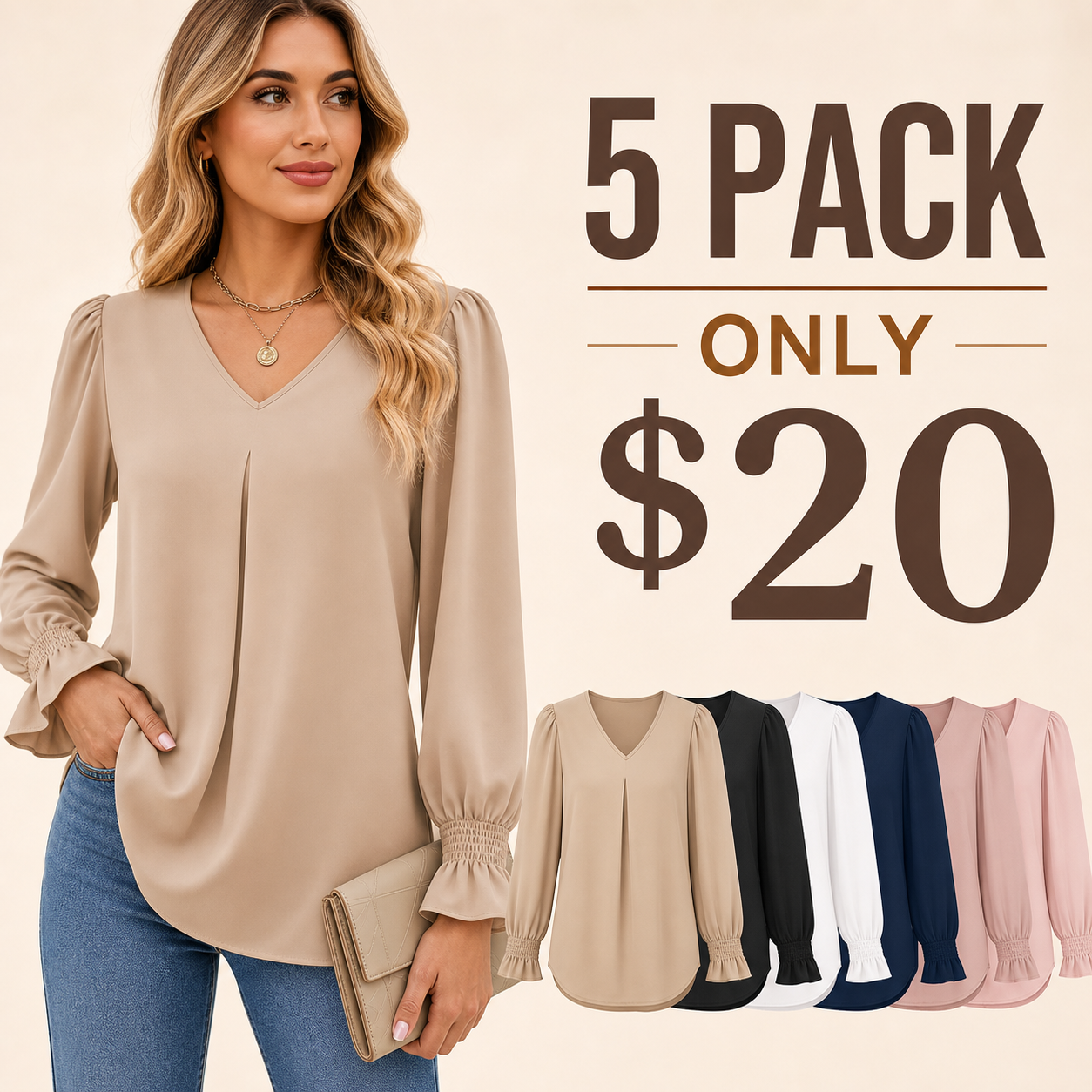 5 pack only 20 dollars women's V-neck pleated sleeve blouse