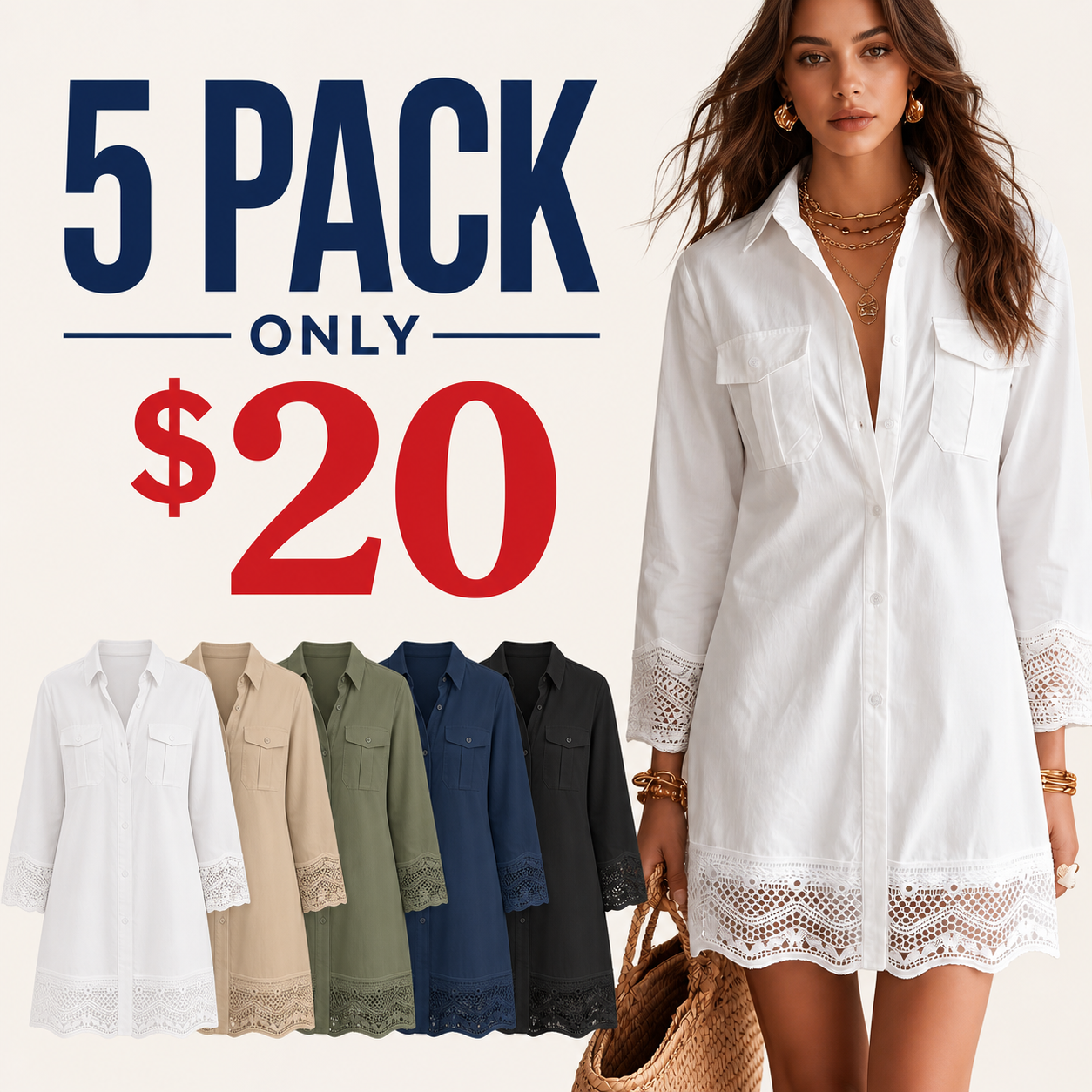 5 pack only 20 dollars women's lace trim button shirt dress