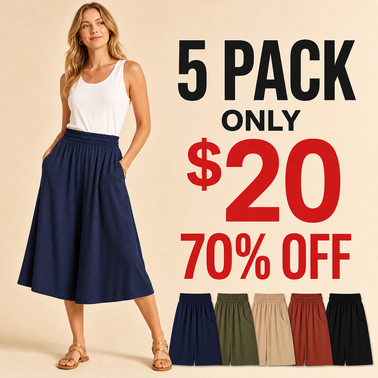 5 pack only 20 dollars women's high waist wide leg culotte midi skirt