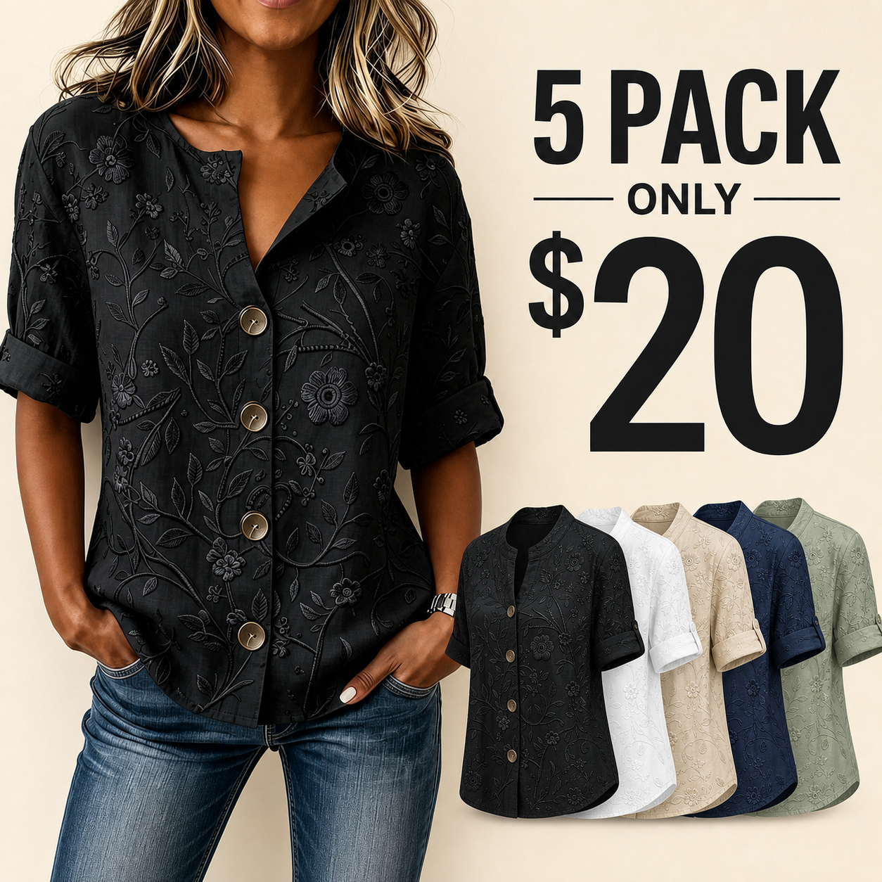 5 pack only 20 dollars women's embossed floral button shirt