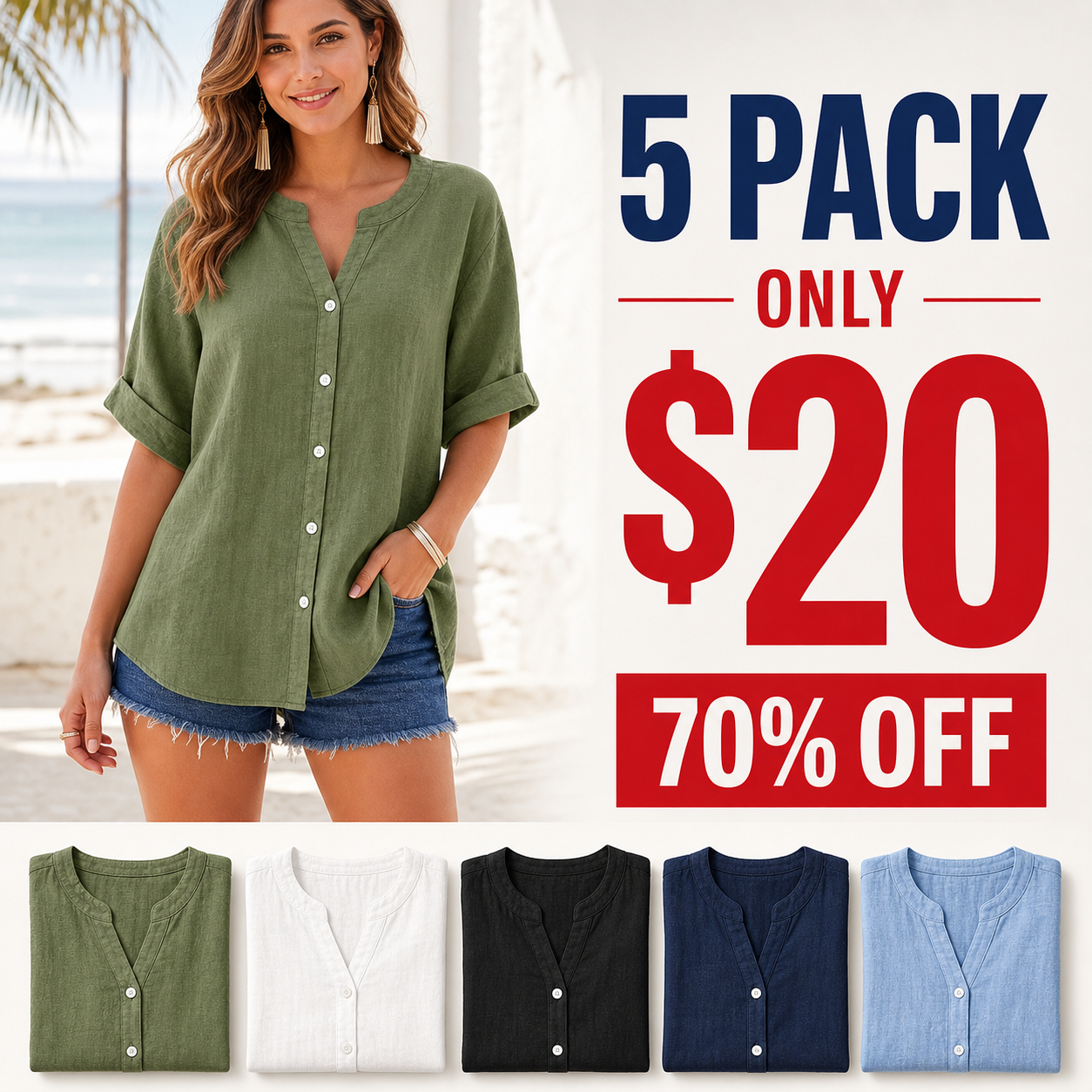 5 pack only 20 dollars women's relaxed henley blouse