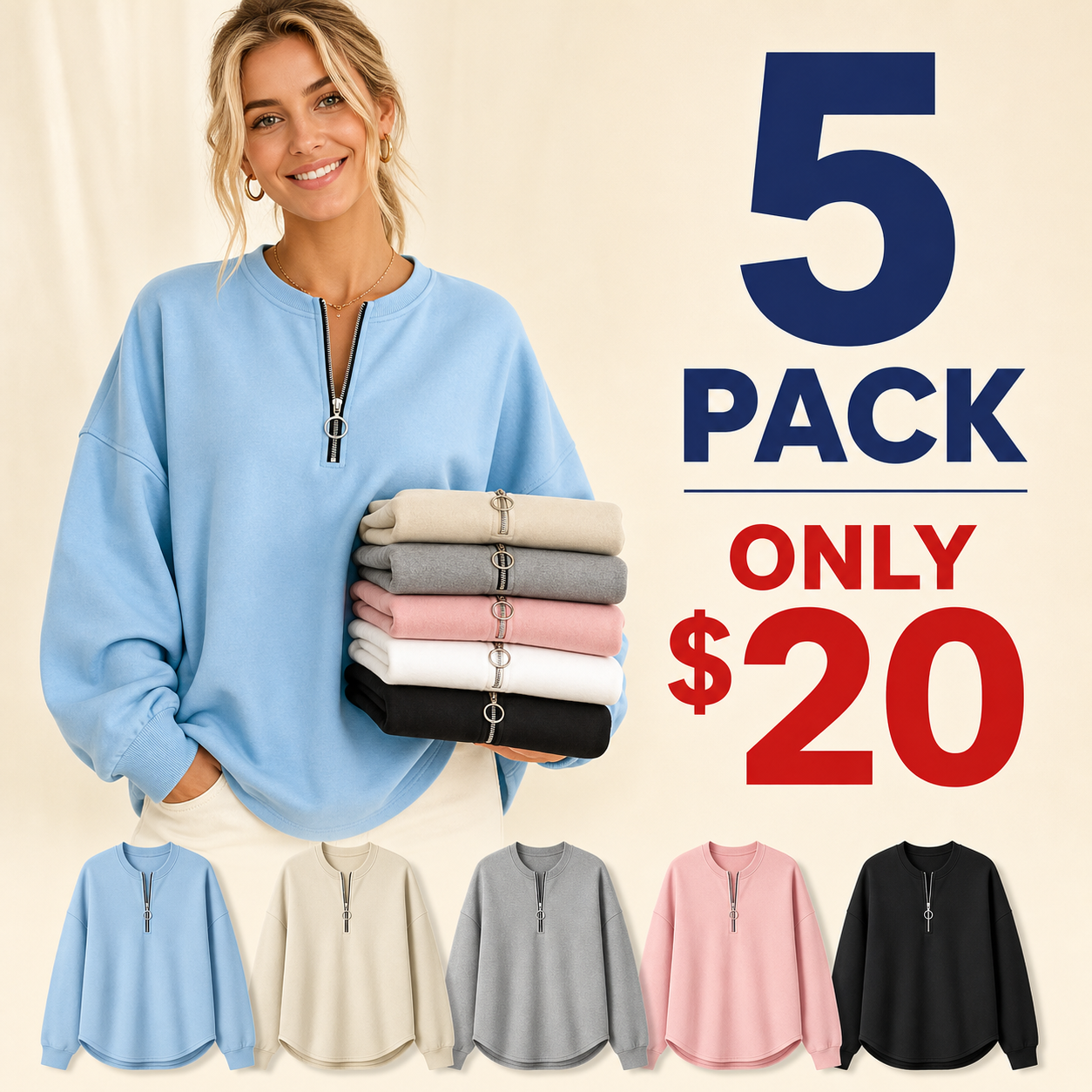 5 pack only 20 dollars women's oversized half zip pullover