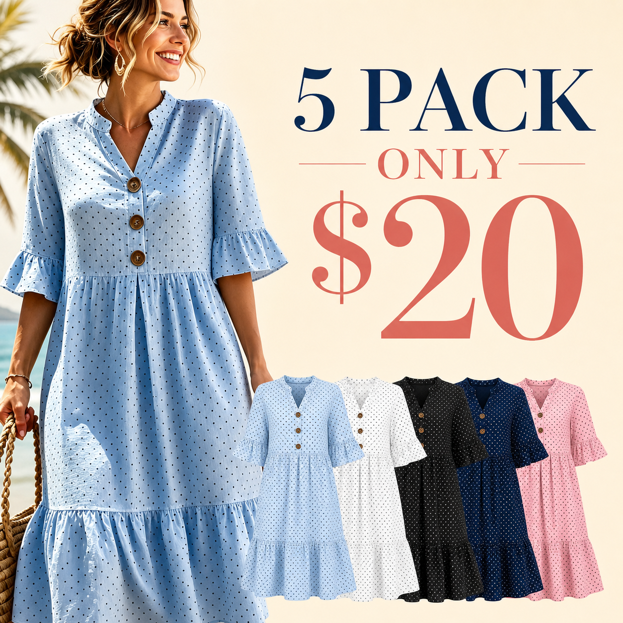 5 pack only 20 dollars women's polka dot tiered beach dress