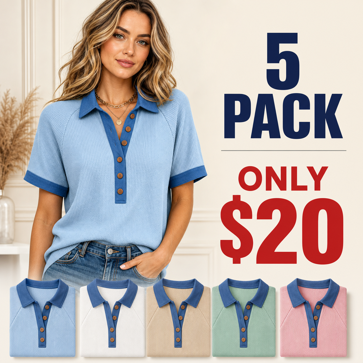 5 pack only 20 dollars women's waffle button polo top
