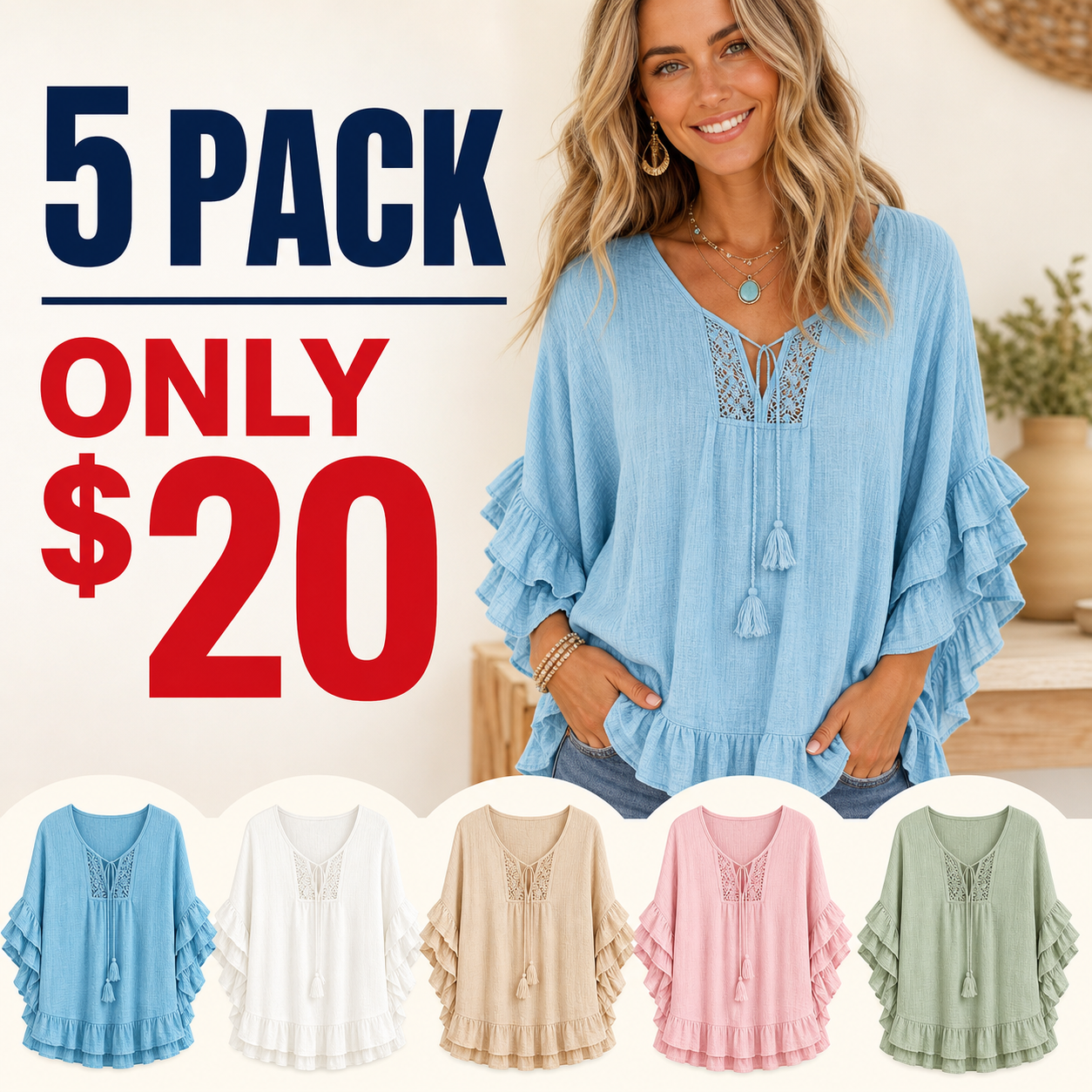 5 pack only 20 dollars women's boho ruffle lace tie neck blouse