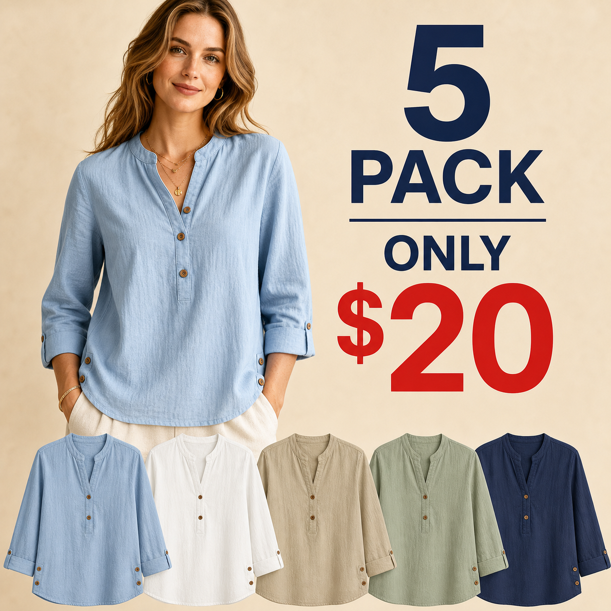 5 pack only 20 dollars women's washed cotton linen band collar blouse