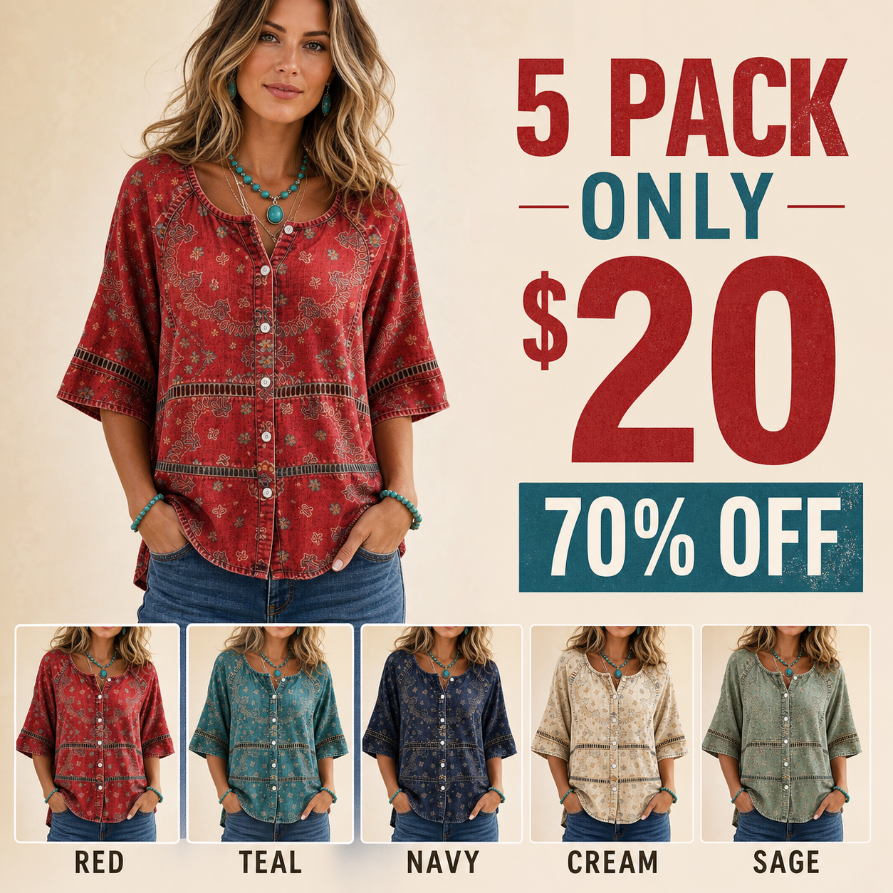 5 pack only 20 dollars women's western boho paisley button top