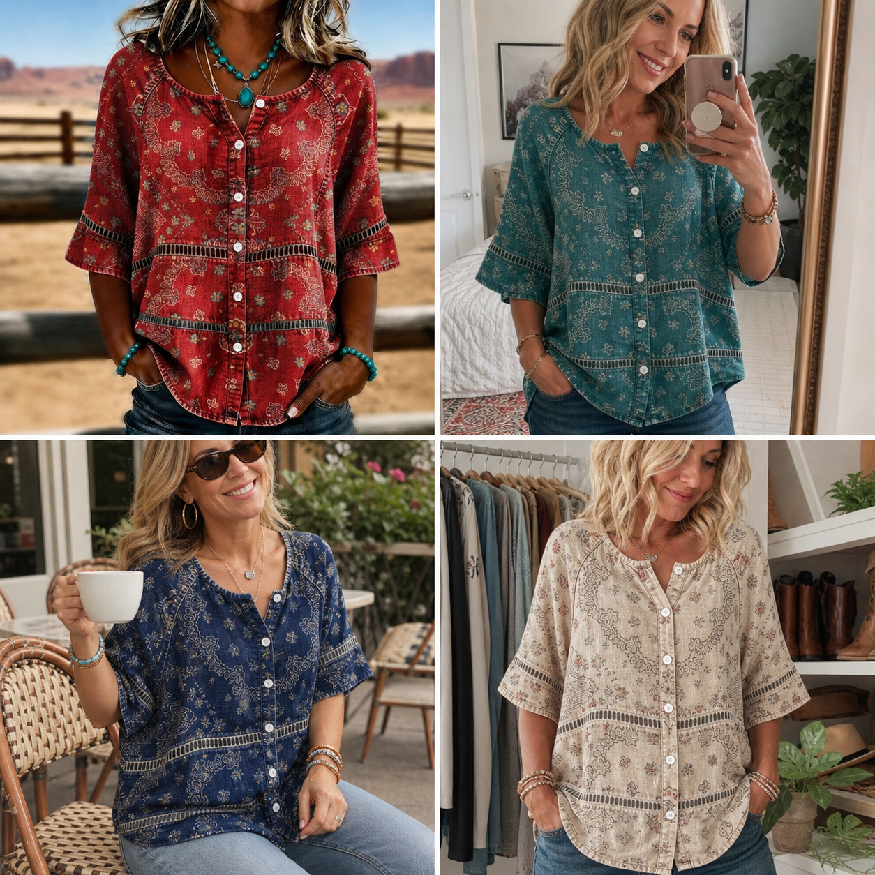 Customer review waterfall women's western boho paisley button top