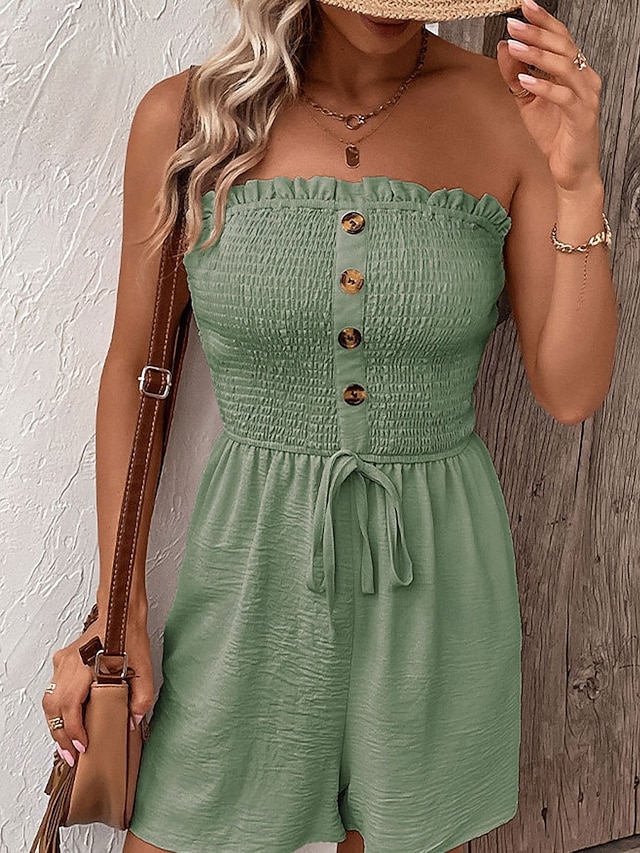 Women's Strapless Smocked Button Front Romper – Casual Summer Tube Jumpsuit with Drawstring Waist & Pockets