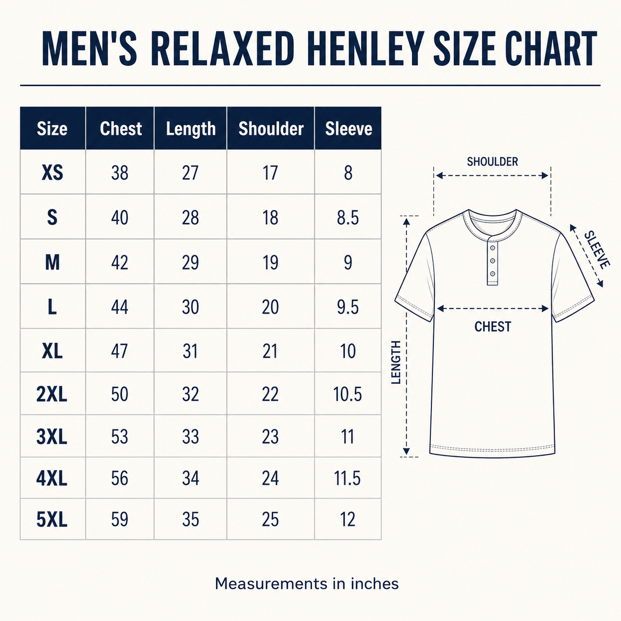 Men's waffle knit short sleeve henley tee size chart
