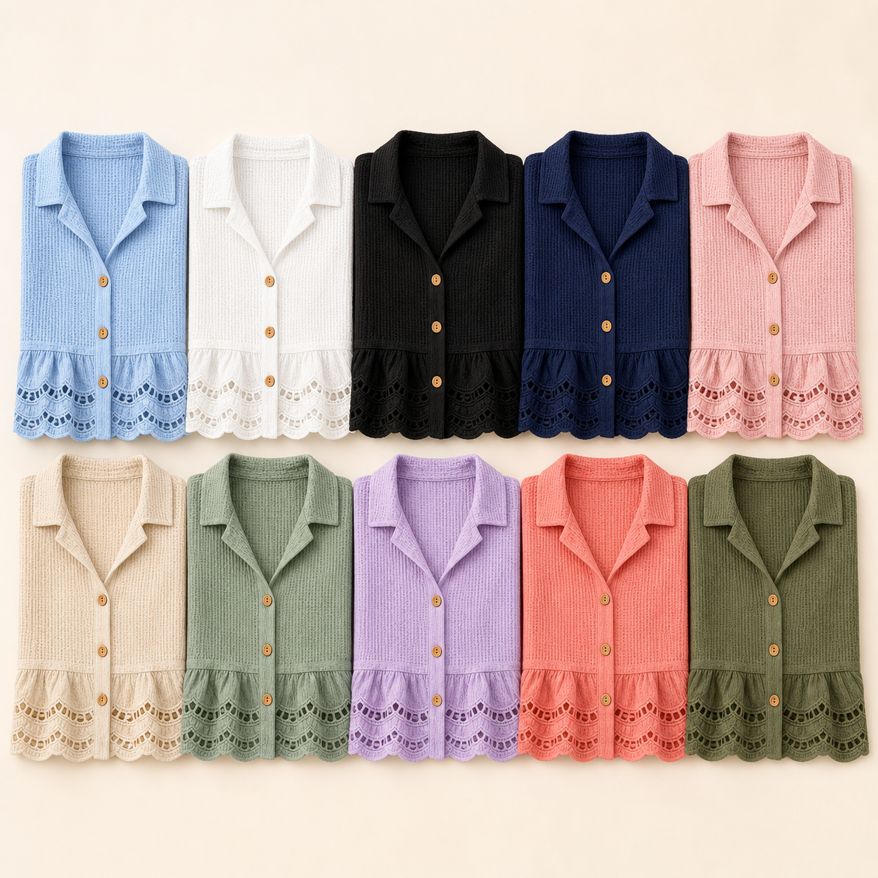 Ten color lineup women's lace trim button blouse