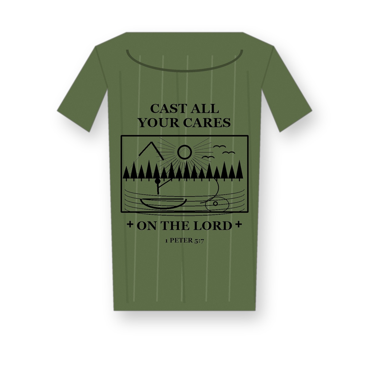 Revised 1200x1200 Men's Cast All Your Cares fishing tee - variant olive