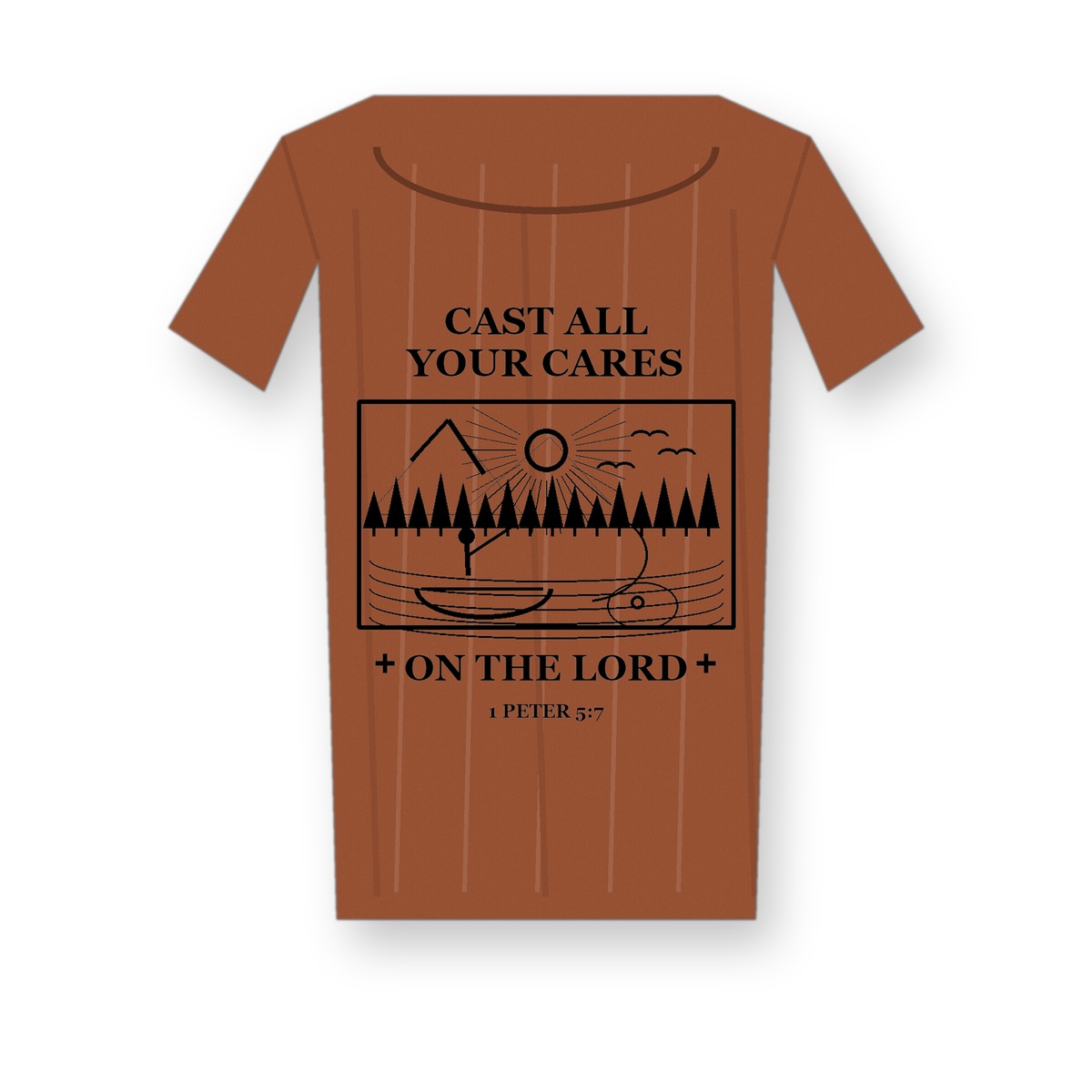 Revised 1200x1200 Men's Cast All Your Cares fishing tee - variant rust