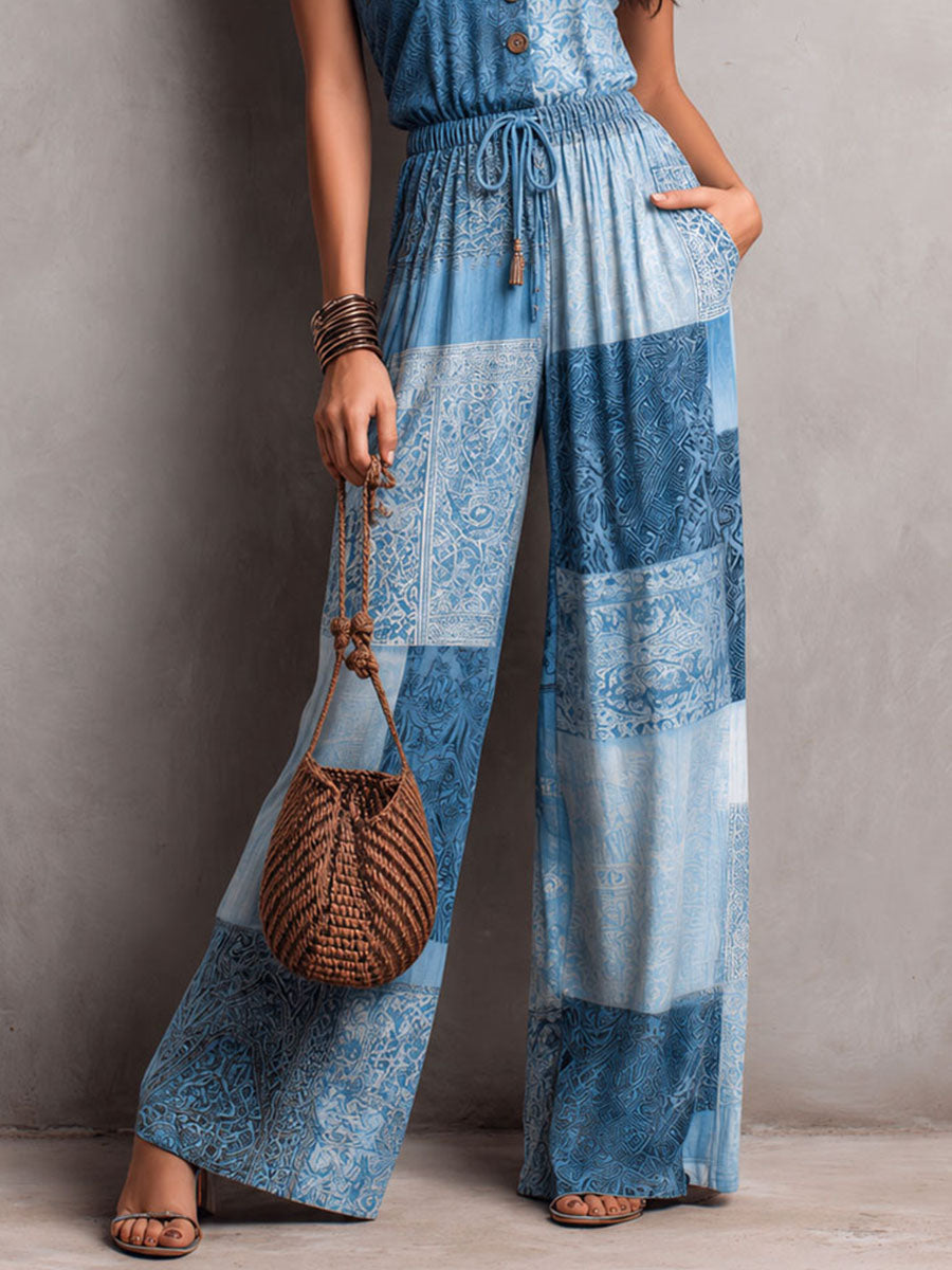 Boho Blue Patchwork Print Strap Wide-Leg Jumpsuit [Pre-order]