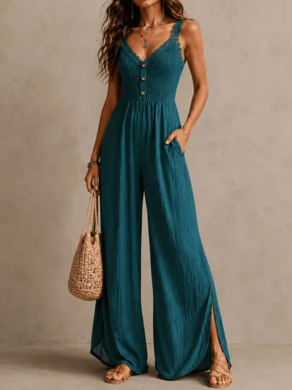 Boho Teal Lace-Trimmed Wide-Leg Jumpsuit [Pre-order]