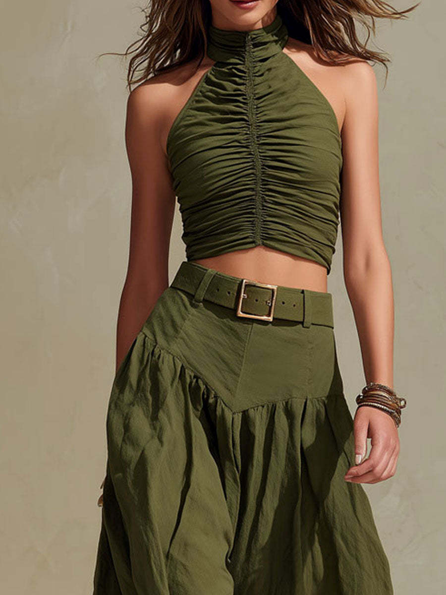 Boho Olive Green Ruched Top & High-Waisted Wide Leg Pants Two-Piece Set  [Belt not included]