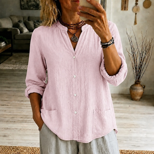 Women's Henley Neck Blouse Casual Loose Fit Long Sleeve Button Up Shirt with Pockets