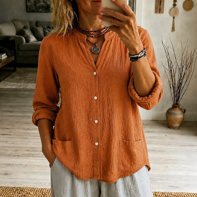 Women's Henley Neck Blouse Casual Loose Fit Long Sleeve Button Up Shirt with Pockets