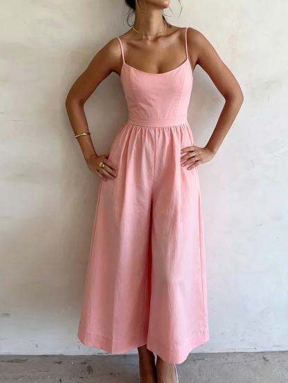 Women's Square Neck Spaghetti Strap Wide Leg Jumpsuit