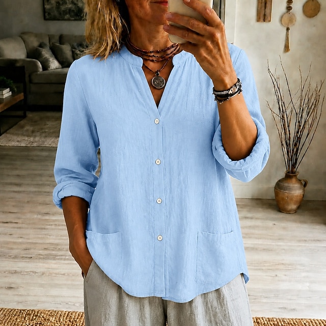 Women's Henley Neck Blouse Casual Loose Fit Long Sleeve Button Up Shirt with Pockets