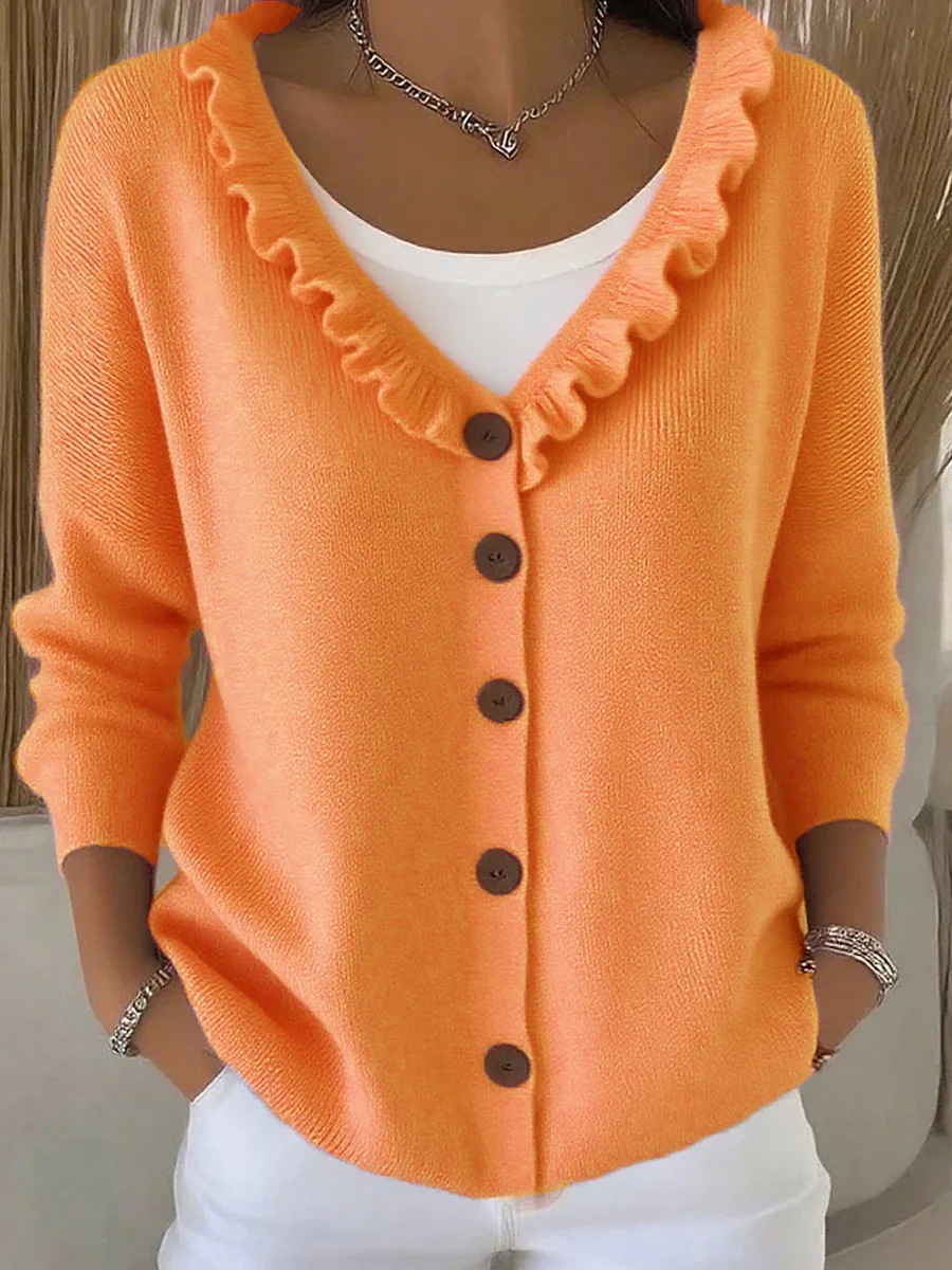Women's Ruffle Trim V-Neck Button-Down Cardigan - Casual Soft Knit Sweater Top