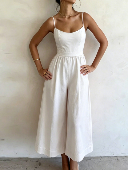 Women's Square Neck Spaghetti Strap Wide Leg Jumpsuit