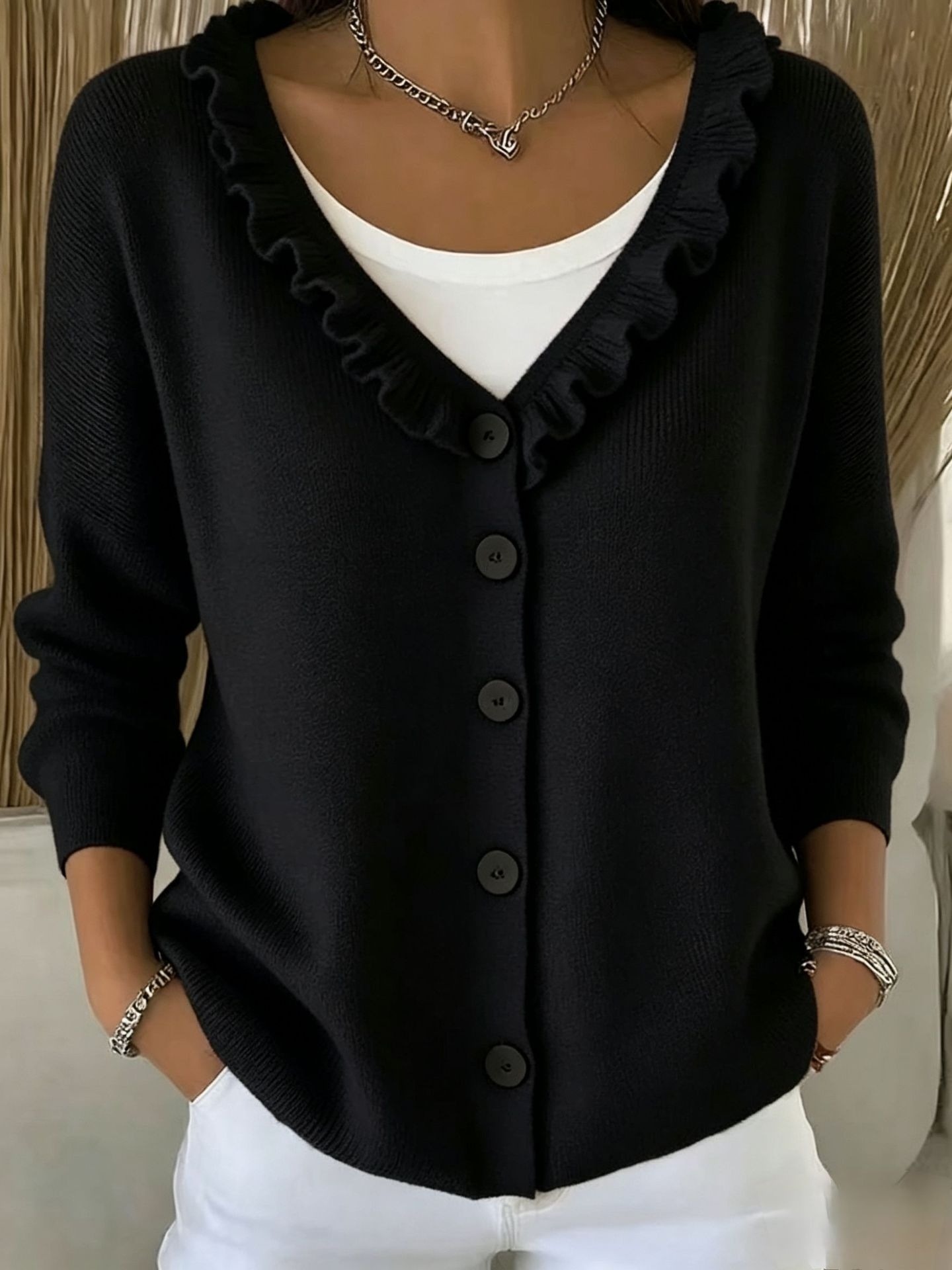 Women's Ruffle Trim V-Neck Button-Down Cardigan - Casual Soft Knit Sweater Top