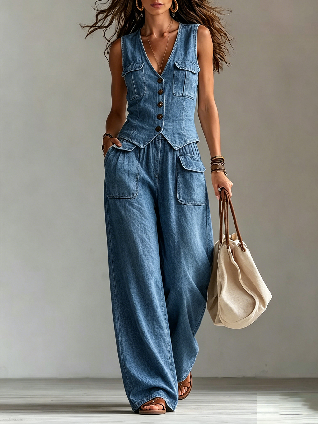 Sleeveless Denim Vest & Wide-Leg Pants Set – Button Front Vintage Casual Two-Piece Outfit with Pocket Detail