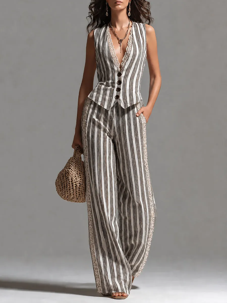Retro Striped Slim-Fit Vest & Lace-Trimmed Wide-Leg Pants Set [Pre-order]