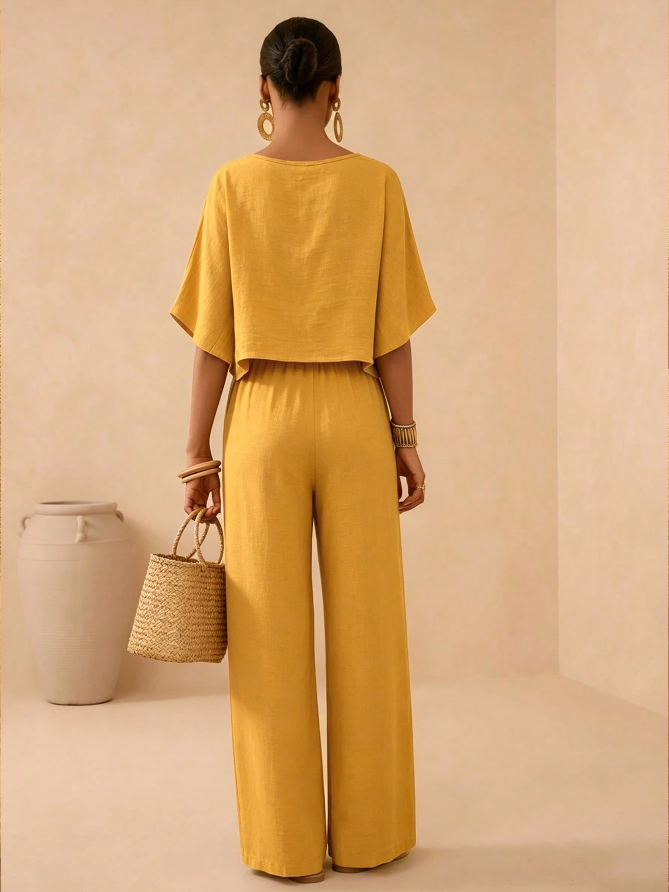 Women's Summer Solid Color Loose Wide Leg Pants Set