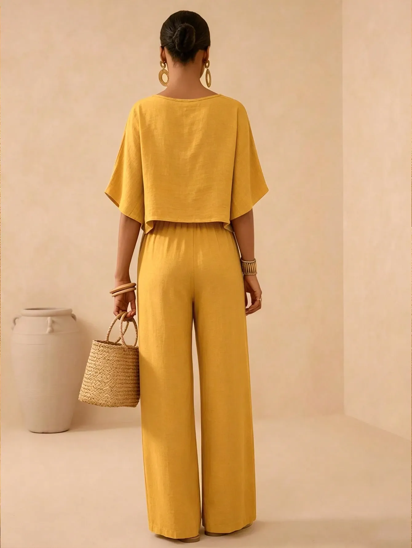 Women's Summer Solid Color Loose Wide Leg Pants Set