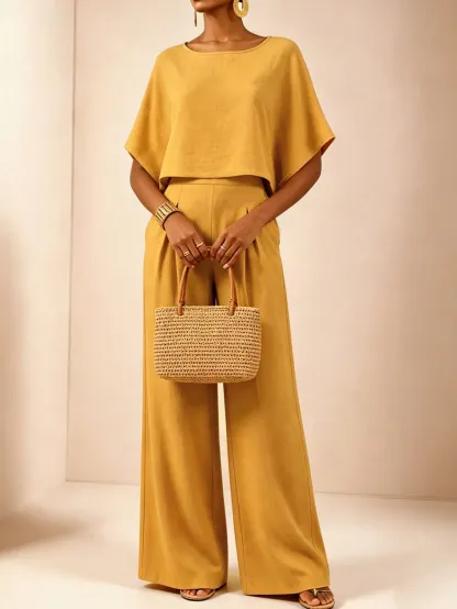 Women's Summer Solid Color Loose Wide Leg Pants Set