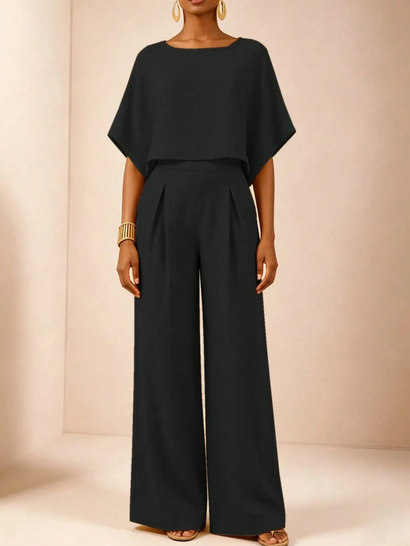 Women's Summer Solid Color Loose Wide Leg Pants Set