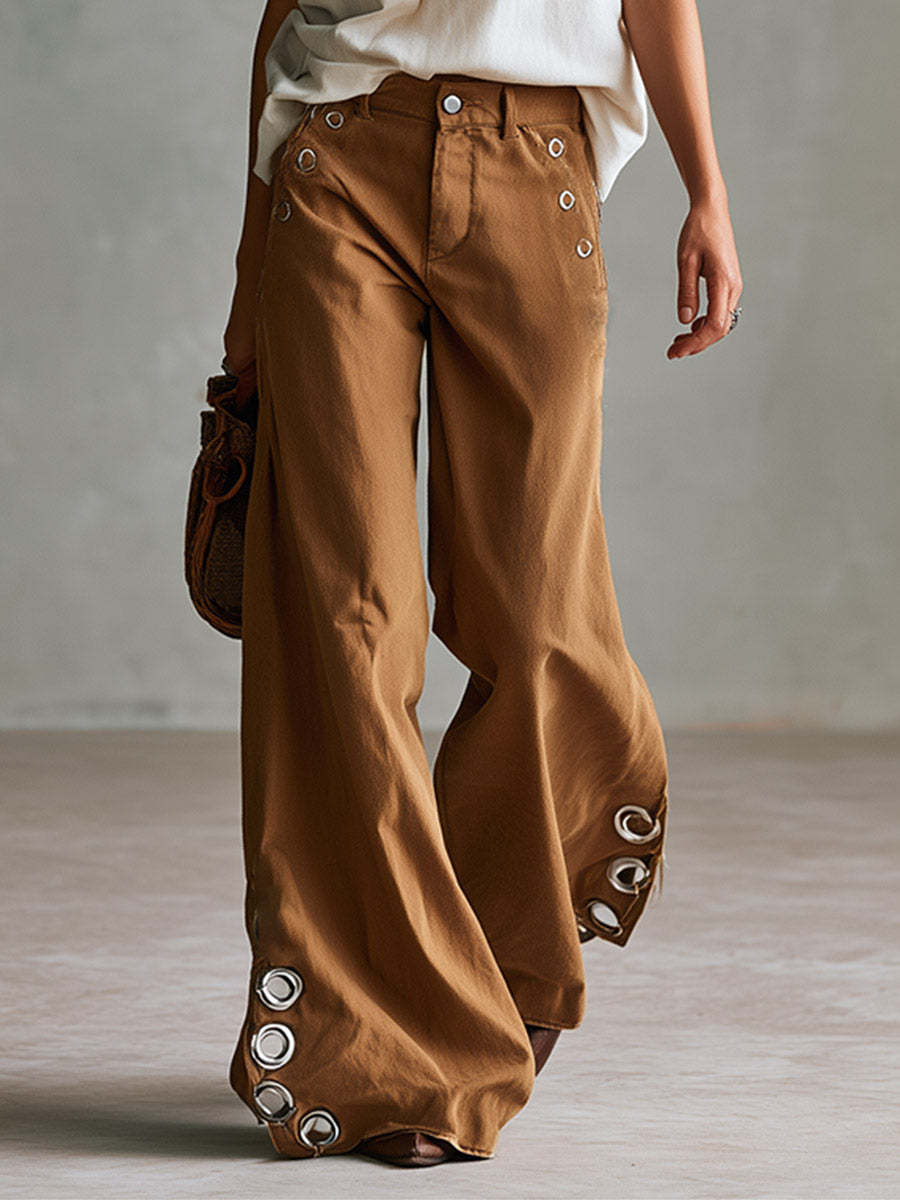 Versatile Retro Style With Metal Eyelets Caramel-colored Wide-leg Trousers
