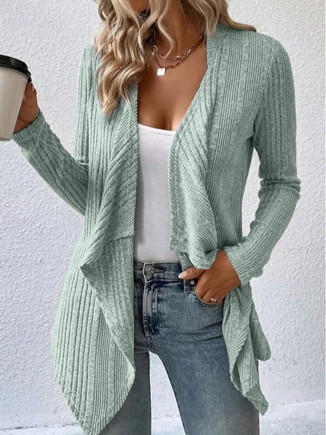 Women's Cardigan Coat Casual Solid Color Ribbed Open Front Knitted Asymmetric Hem Long Sleeve Regular Tops