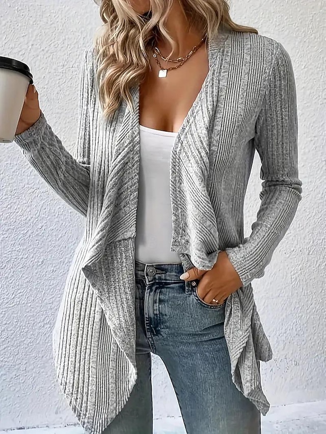 Women's Cardigan Coat Casual Solid Color Ribbed Open Front Knitted Asymmetric Hem Long Sleeve Regular Tops