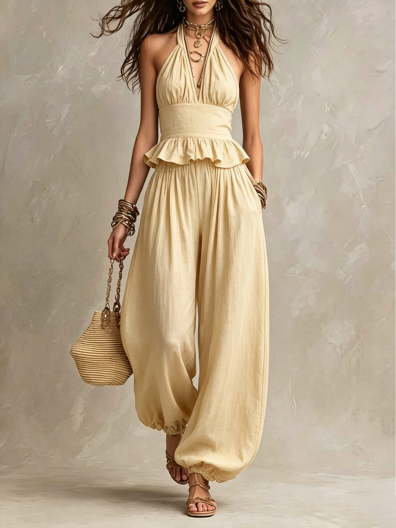 Women's Halter Ruffle Top & Balloon Wide Leg Pants 2-Piece Set [Pre-order]